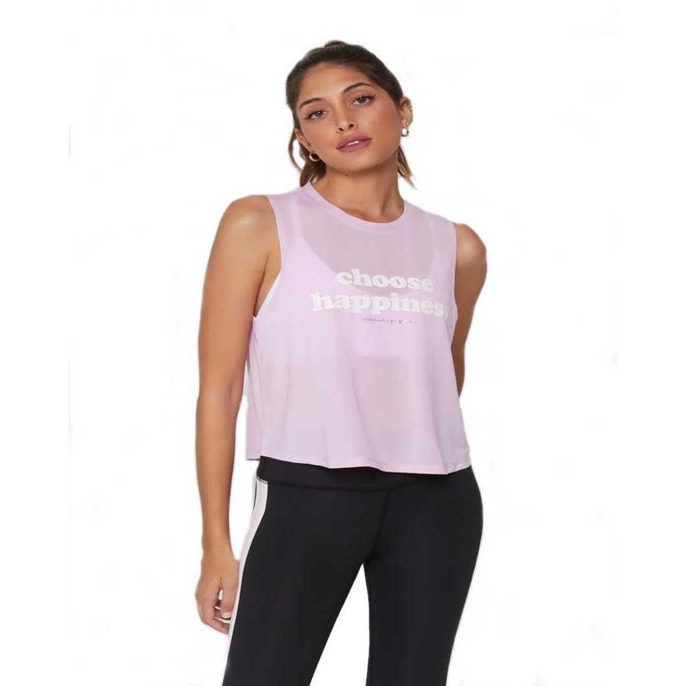 Spiritual Gangster "Choose Happiness" Muscle Tee in Pink & White Women's Size S